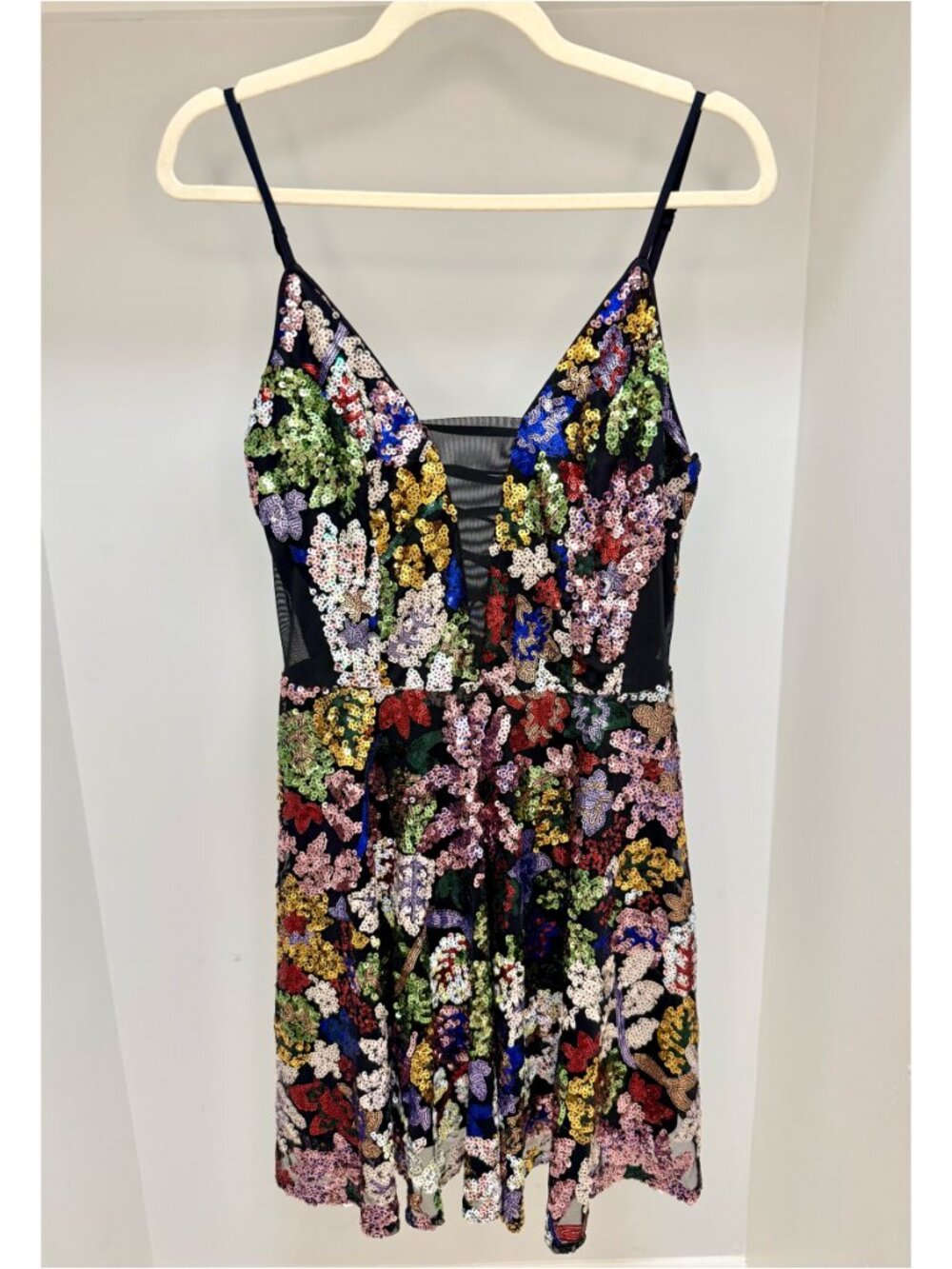 Black Mesh & Multicolor Sequin Dress, A-Line - Lace Up Back - Giffniseti - Large